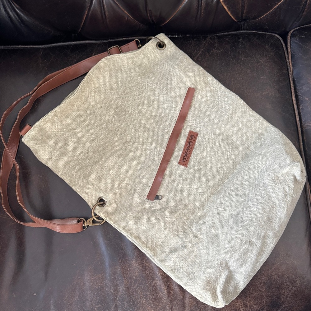 Vintage Addiction foldover crossbody Ash Grey & Jute messenger bag Leather Trim